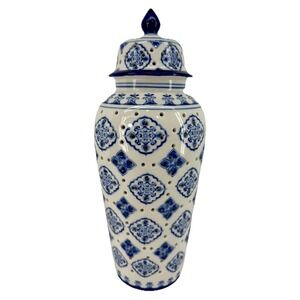 Blue White LED Ginger Jar Lantern Moroccan Chinoiserie Decor 13"